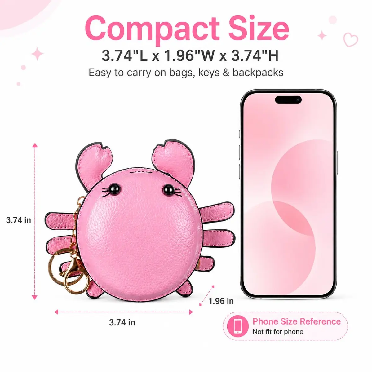 QZUnique Crab Coin Purse Keychain Bag - Pink 7.4cm (2.9in) | Cute 3D Animal Shaped Change Pouch with Zipper - view 2