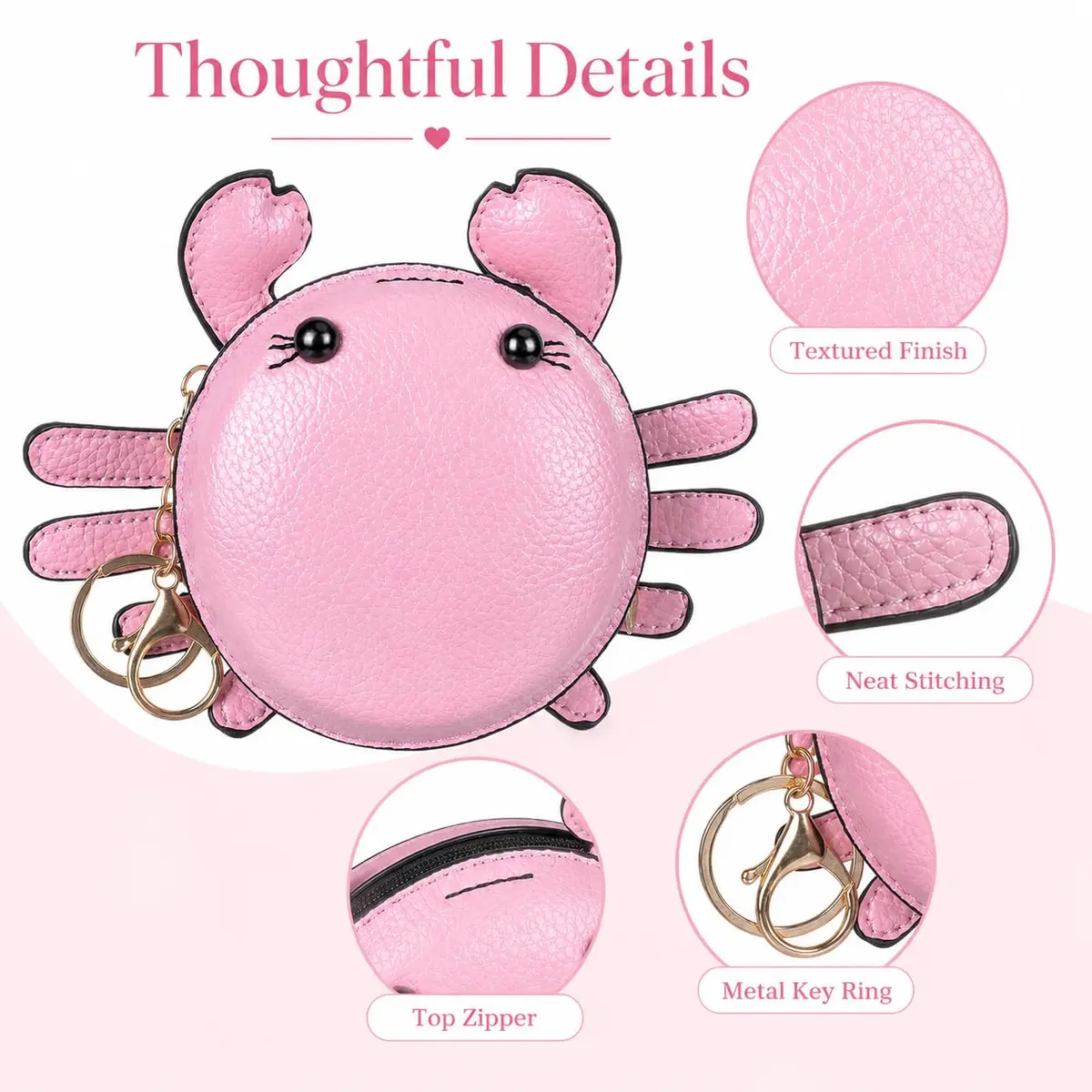 QZUnique Crab Coin Purse Keychain Bag - Pink 7.4cm (2.9in) | Cute 3D Animal Shaped Change Pouch with Zipper - view 3