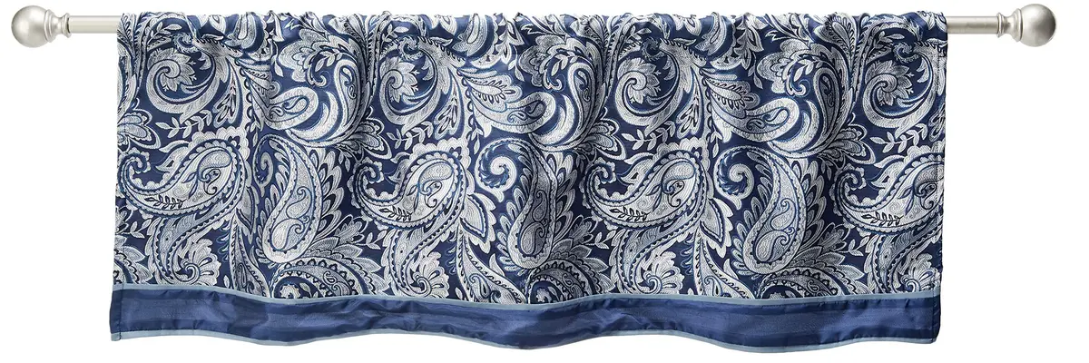 Madison Park Faux Silk Paisley Jacquard Valance 50x18" Navy | Elegant Paisley Design with Beaded Trim - main product image