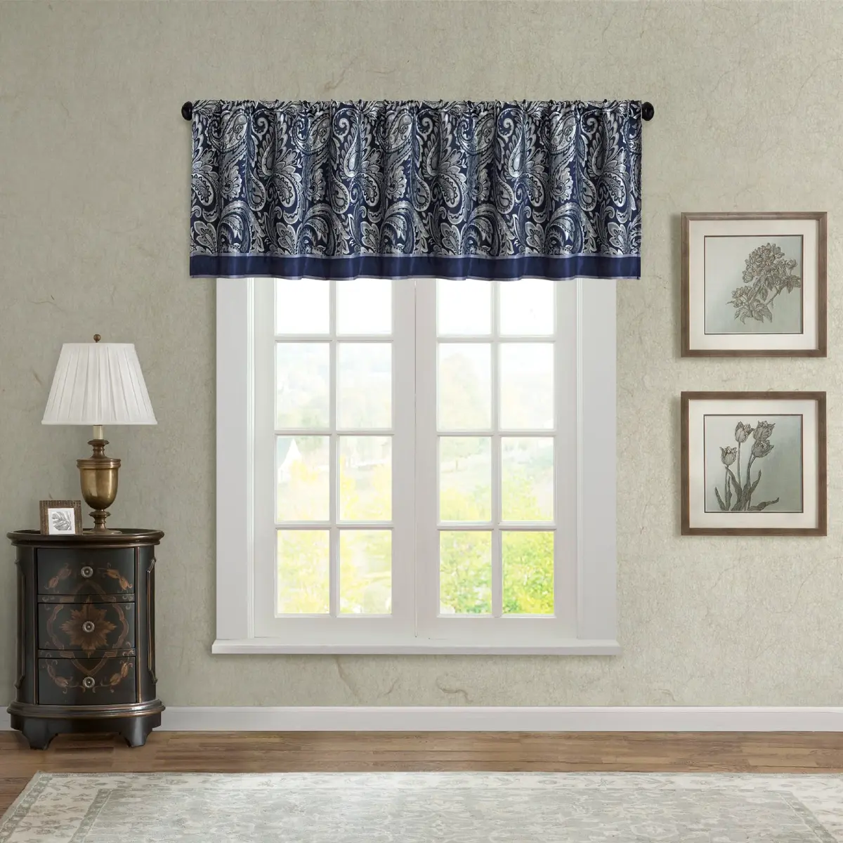 Madison Park Faux Silk Paisley Jacquard Valance 50x18" Navy | Elegant Paisley Design with Beaded Trim - view 2