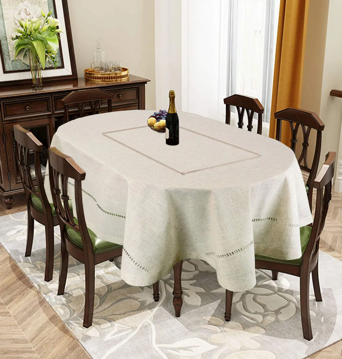 Grelucgo Handmade Double Hemstitch Natural Oval Tablecloth 54x72 Inch | Rustic & Durable - view 6