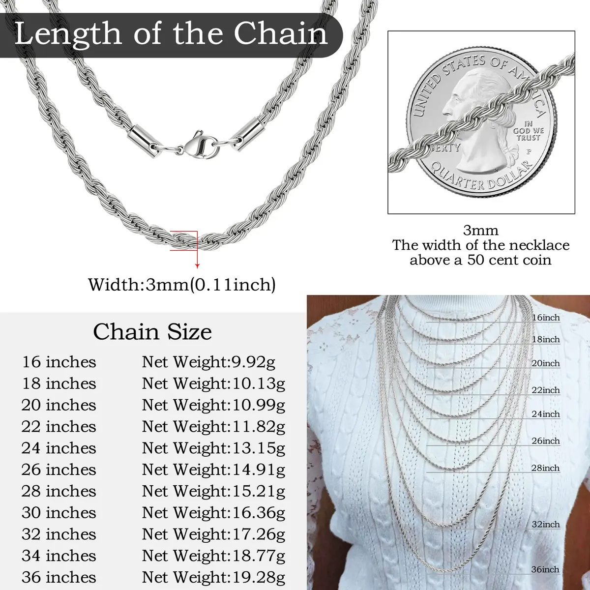 HolyFast Twist Chain Necklace - Stainless Steel Rope Jewelry for Men & Women | Effortless Style & Daily Wear (70-120 chars) - view 9