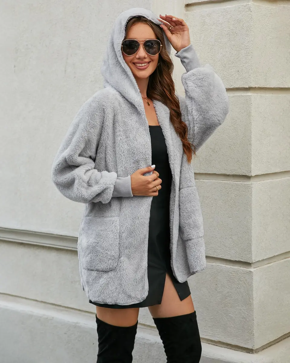 LookbookStore Womens Cardigan 2026 Light Grey | Oversized Fleece Hooded Coat - view 6
