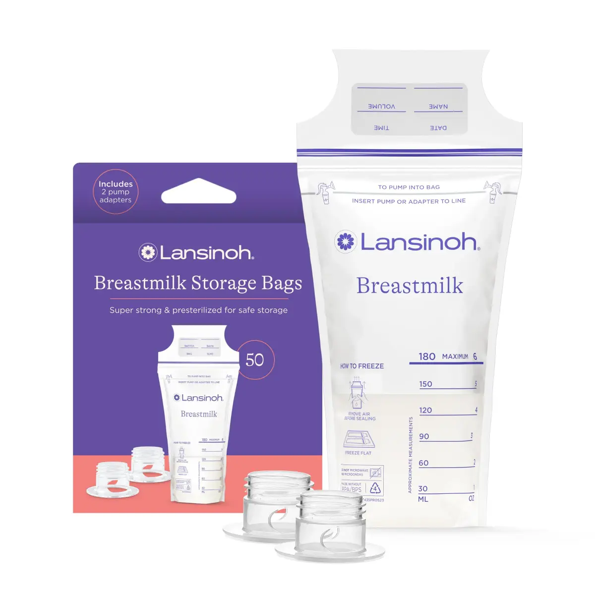 Lansinoh Breastmilk Storage Bags 6oz (177ml) with 2 Pump Adapters | USA-Imported, BPA-Free, 50 Count - main product image