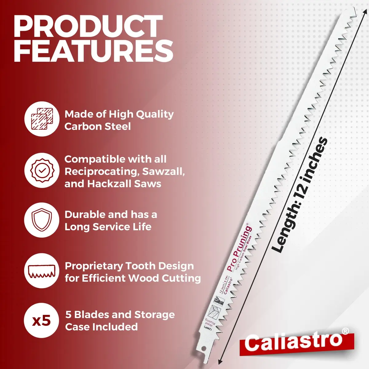 Caliastro 12-Inch Wood Pruning Saw Blades 5 TPI, 1.4mm Thick, 5-Pack | Fast, Efficient Cuts - view 7