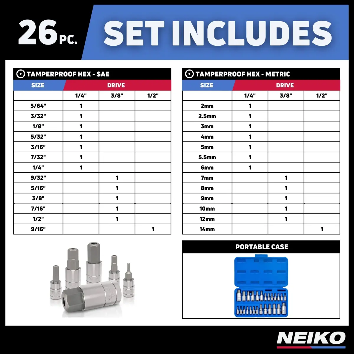NEIKO Tamper-Proof Hex Bit Socket Set, 26 Pieces | SAE (5/64-9/16”) and Metric (2-14MM) - view 6