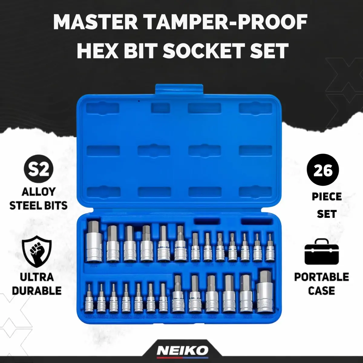 NEIKO Tamper-Proof Hex Bit Socket Set, 26 Pieces | SAE (5/64-9/16”) and Metric (2-14MM) - view 2
