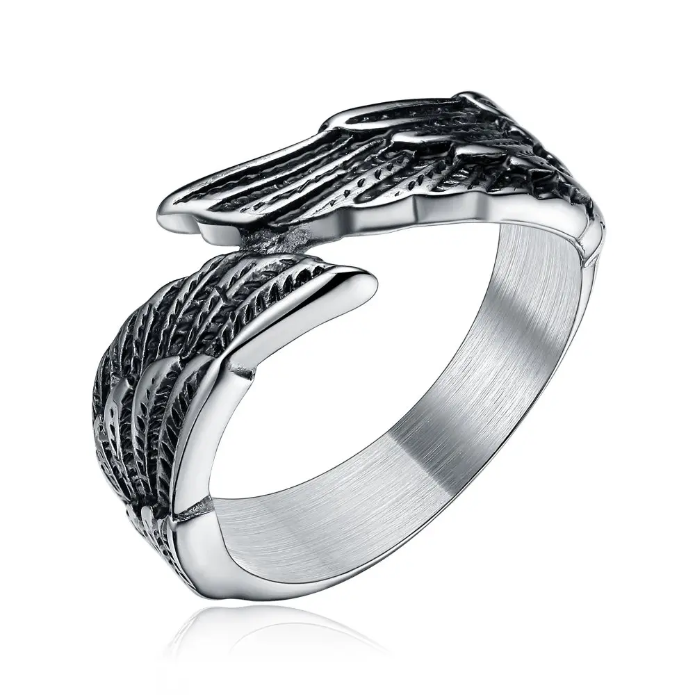 TIGRADE Antique Stainless Steel Ring Feather Angel Wing Cast Black Silver Band Size 7.5 | Elegant Design, Durable Material, Perfect for Daily Wear - main product image
