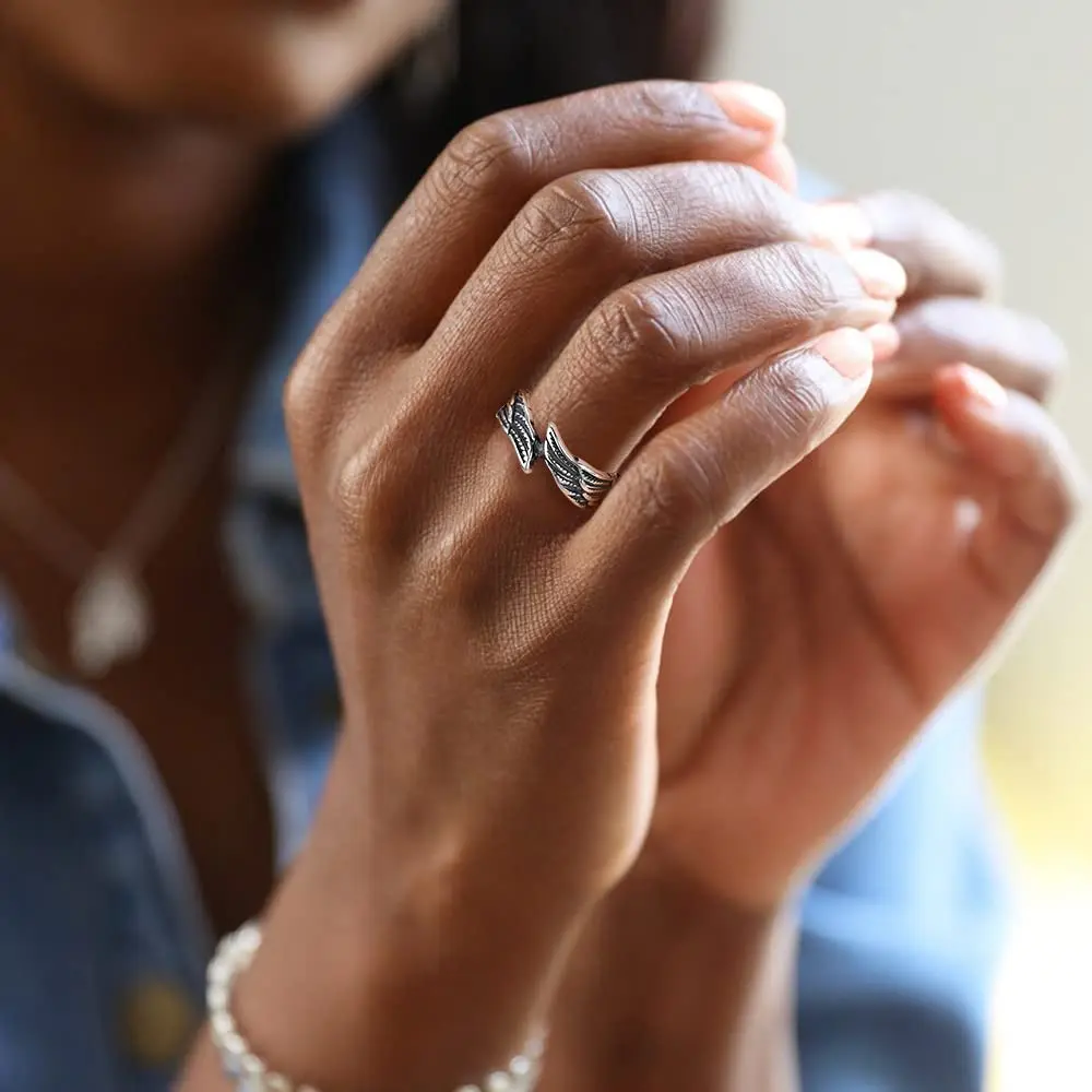 TIGRADE Antique Stainless Steel Ring Feather Angel Wing Cast Black Silver Band Size 7.5 | Elegant Design, Durable Material, Perfect for Daily Wear - view 4