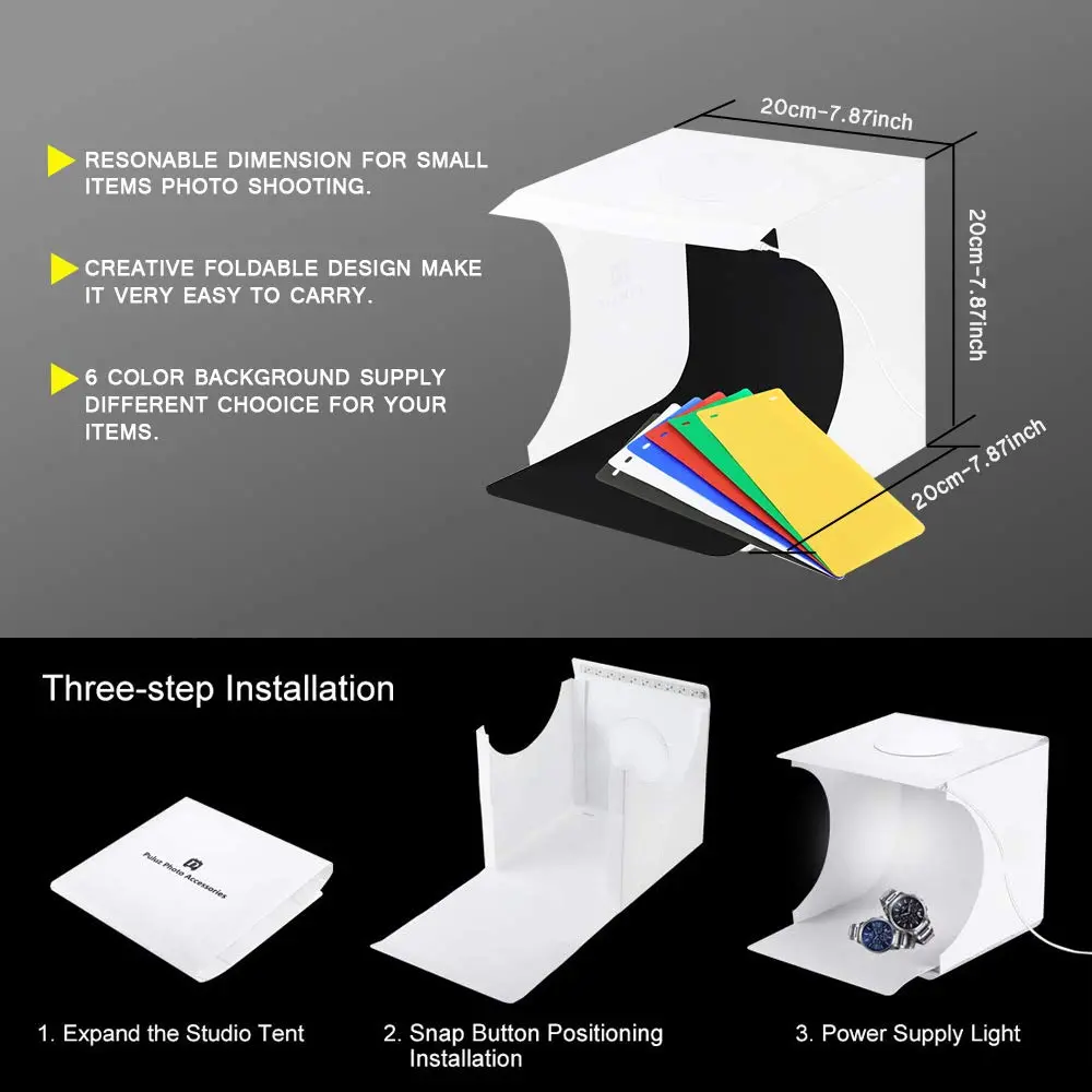 SENLIXIN Mini Photo Studio Light Box Kit 20cm (7.87 inches) | Portable Foldable Shooting Tent with LED Lights & 6 Backgrounds - view 2