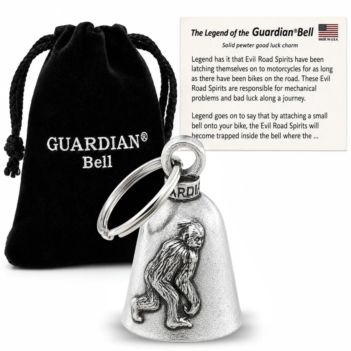 Guardian Bell Bigfoot/Yeti Good Luck Bell w/Keyring & Velvet Bag | Motorcycle Pewter Charm (1.75 inches) - main product image