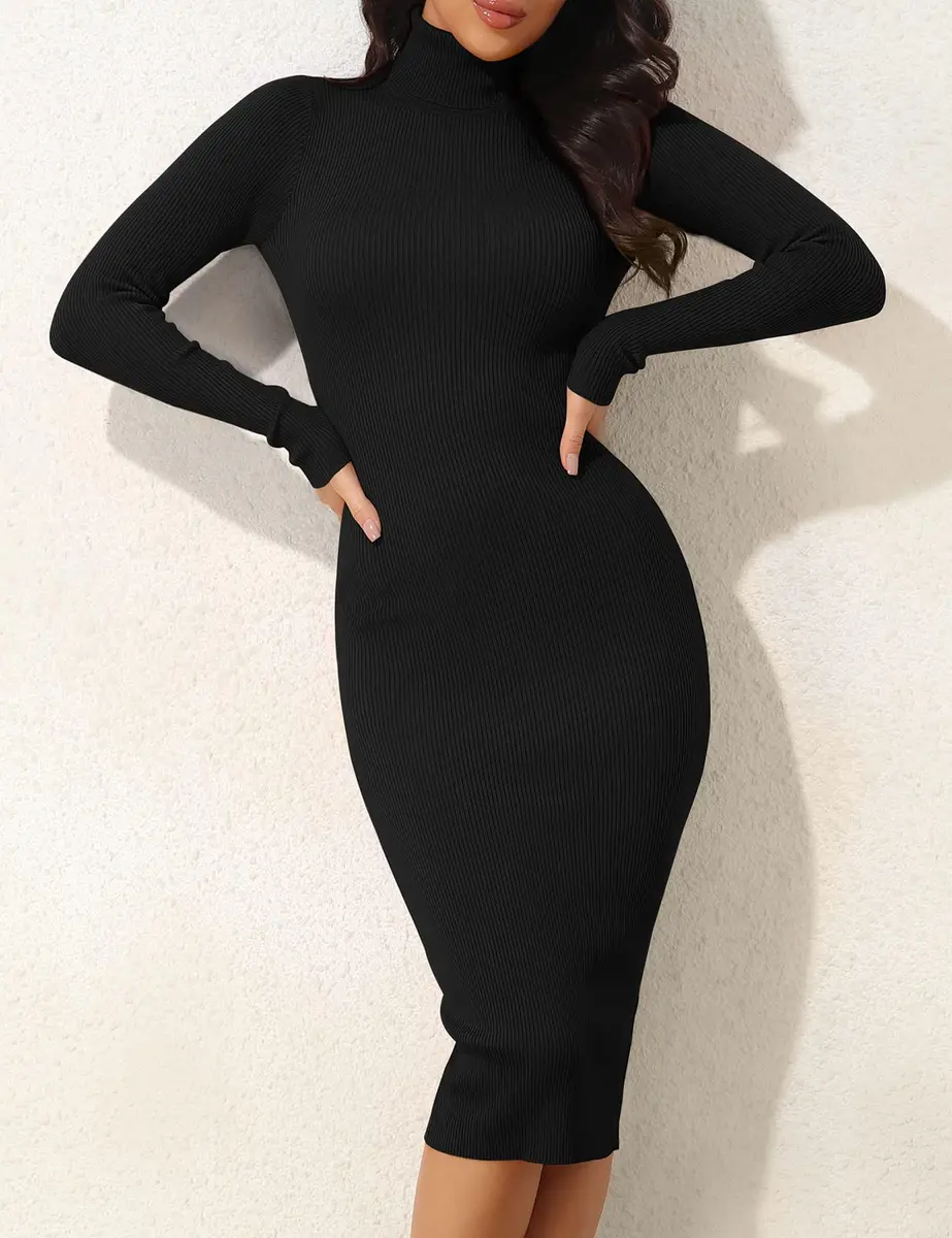 ninovino Women's Turtleneck Slim Fit Ribbed Long Sleeve Knit Dress Black-XXL | Elegant & Cozy Fit for Indian Winters - view 3