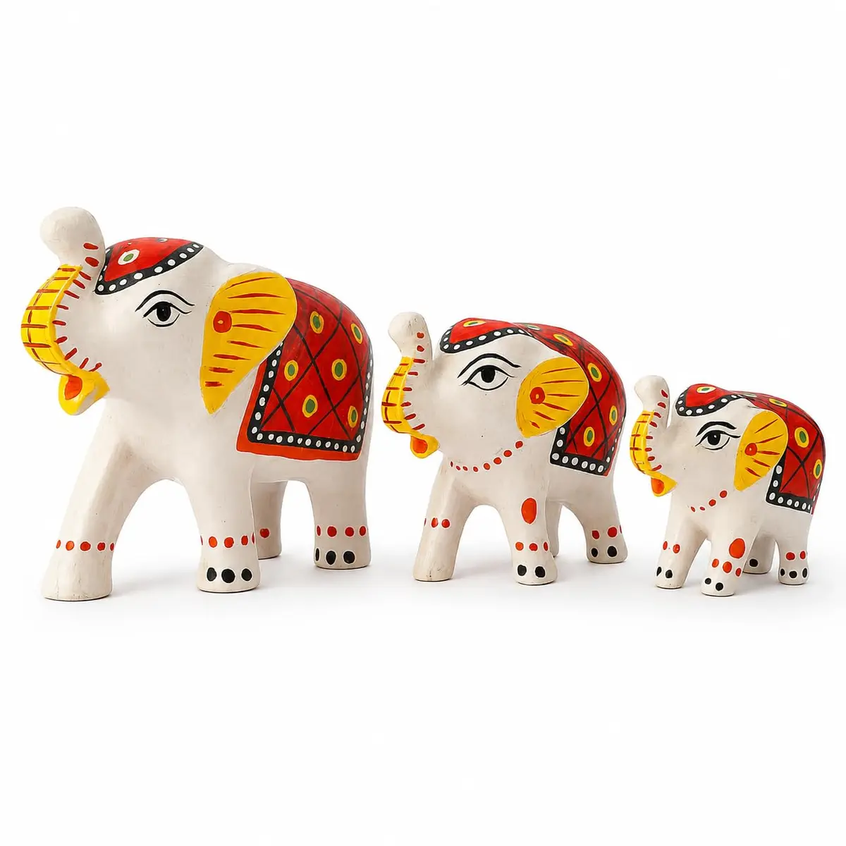 DreamKraft Handcrafted Paper Mache Elephant Showpieces Set of 3 | White Embroidered Figurines - main product image