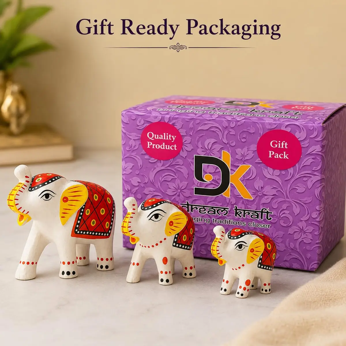 DreamKraft Handcrafted Paper Mache Elephant Showpieces Set of 3 | White Embroidered Figurines - view 6