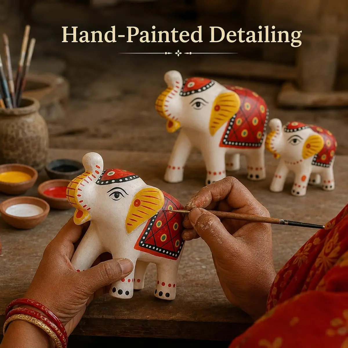 DreamKraft Handcrafted Paper Mache Elephant Showpieces Set of 3 | White Embroidered Figurines - view 7