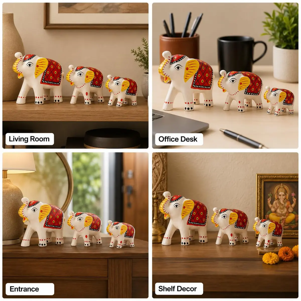 DreamKraft Handcrafted Paper Mache Elephant Showpieces Set of 3 | White Embroidered Figurines - view 8