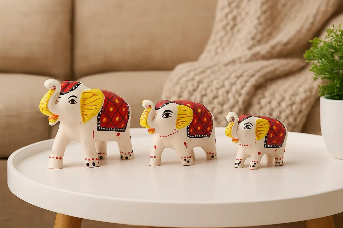 DreamKraft Handcrafted Paper Mache Elephant Showpieces Set of 3 | White Embroidered Figurines - view 2