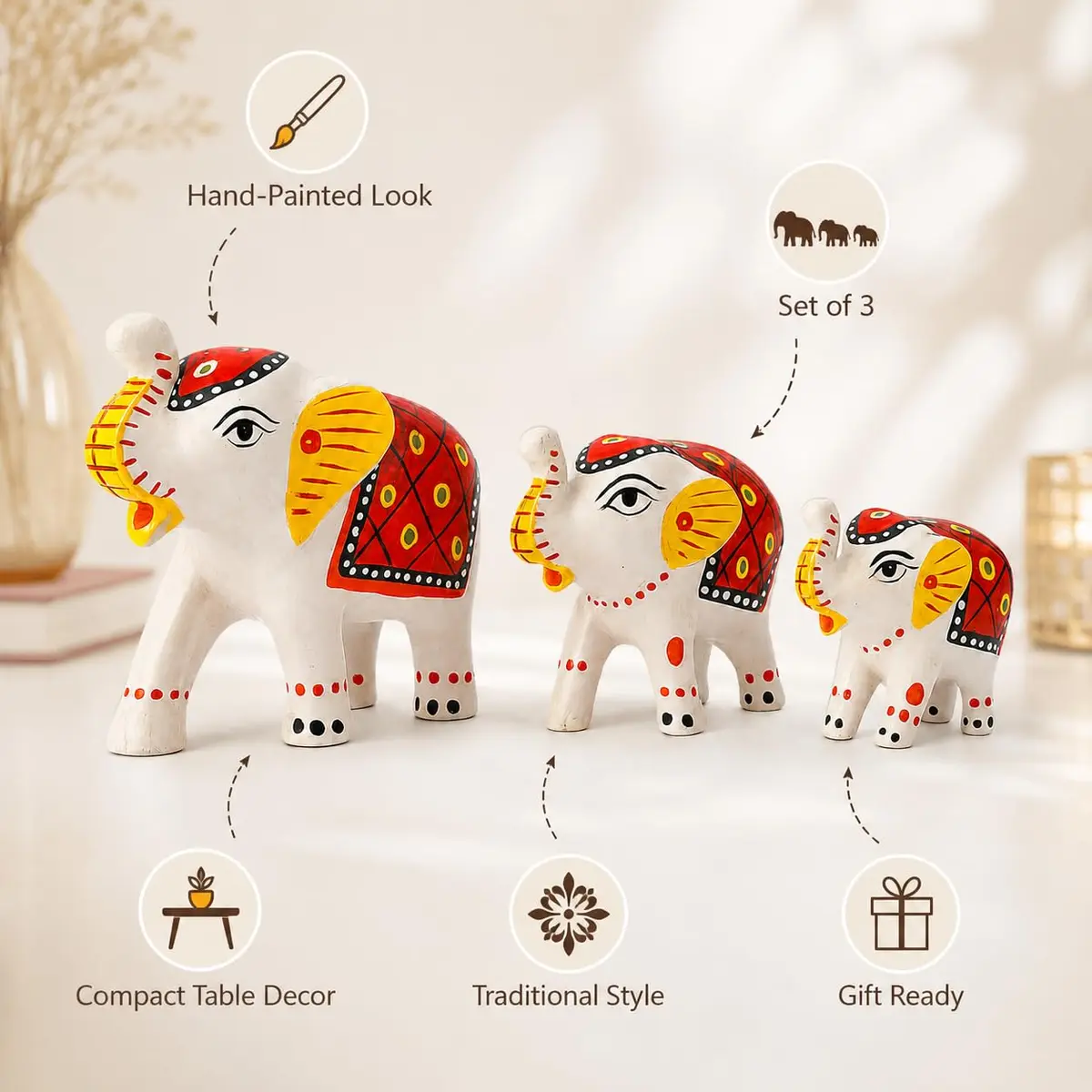 DreamKraft Handcrafted Paper Mache Elephant Showpieces Set of 3 | White Embroidered Figurines - view 3