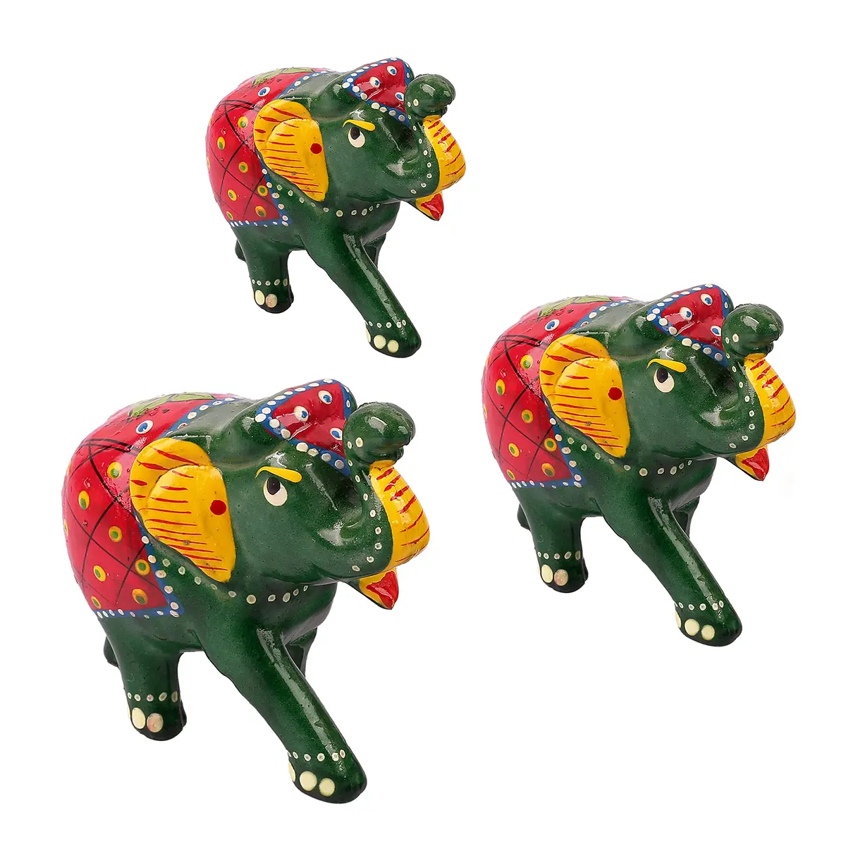 DreamKraft Paper Mache Elephant Showpiece Set of 3 | Handcrafted Green Figurines for Home Decor - view 6