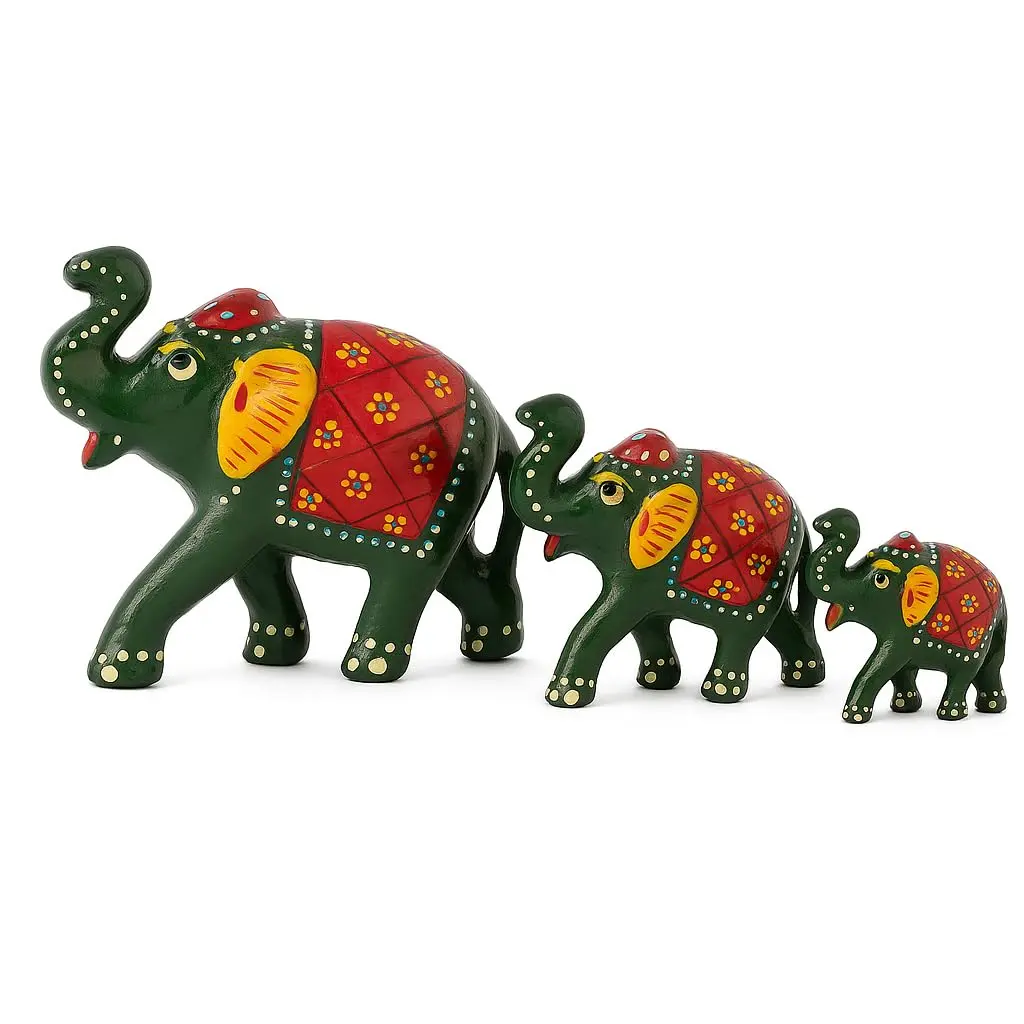 DreamKraft Paper Mache Elephant Showpiece Set of 3 | Handcrafted Green Figurines for Home Decor - main product image