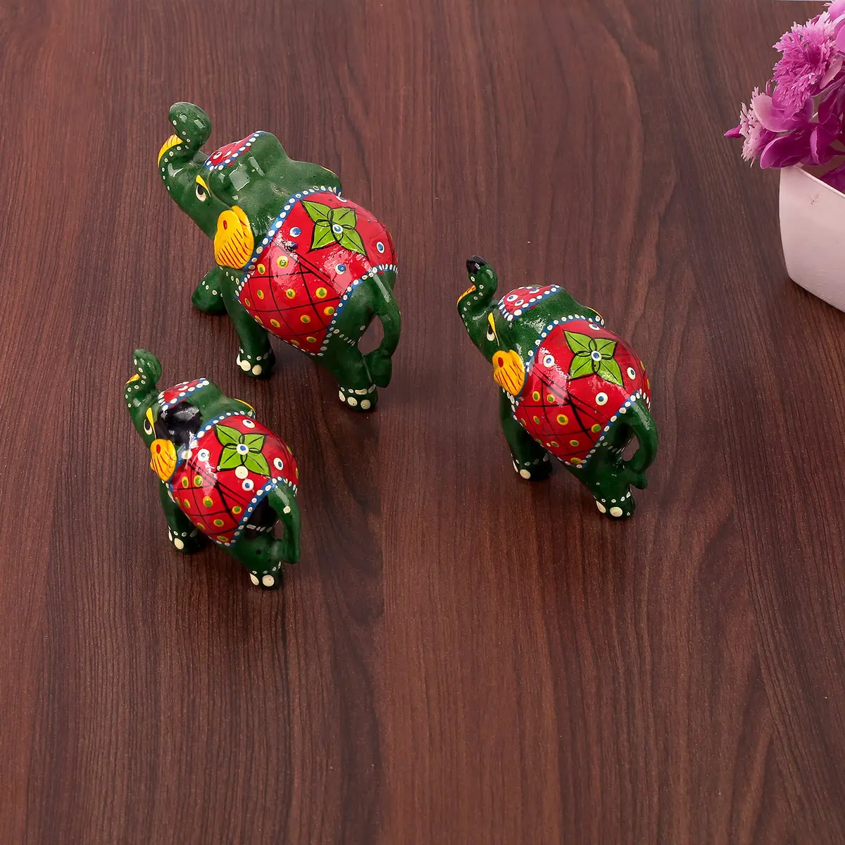 DreamKraft Paper Mache Elephant Showpiece Set of 3 | Handcrafted Green Figurines for Home Decor - view 7