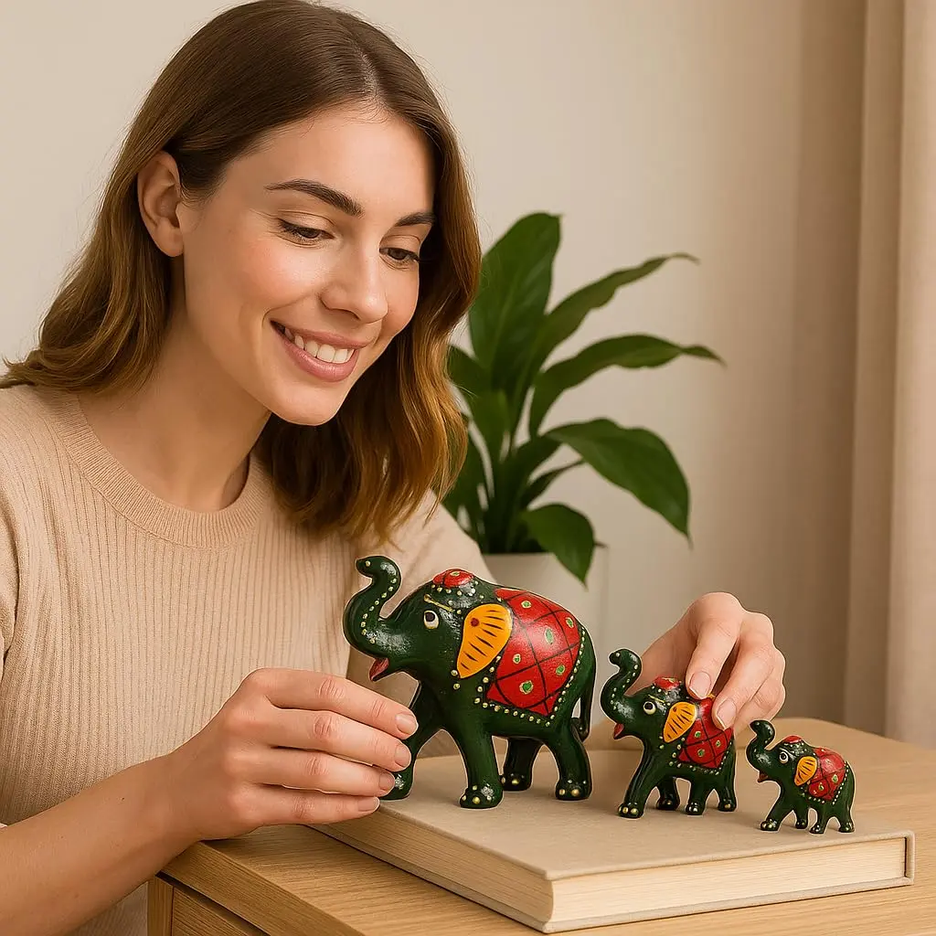 DreamKraft Paper Mache Elephant Showpiece Set of 3 | Handcrafted Green Figurines for Home Decor - view 2