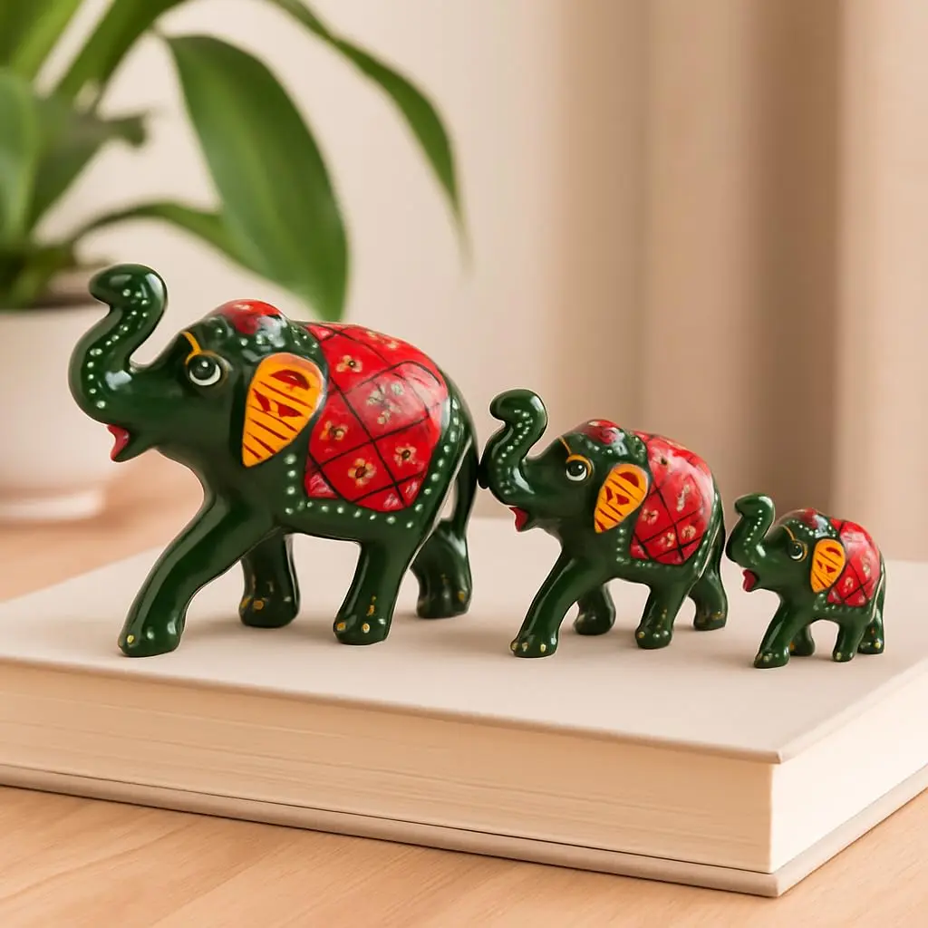 DreamKraft Paper Mache Elephant Showpiece Set of 3 | Handcrafted Green Figurines for Home Decor - view 3