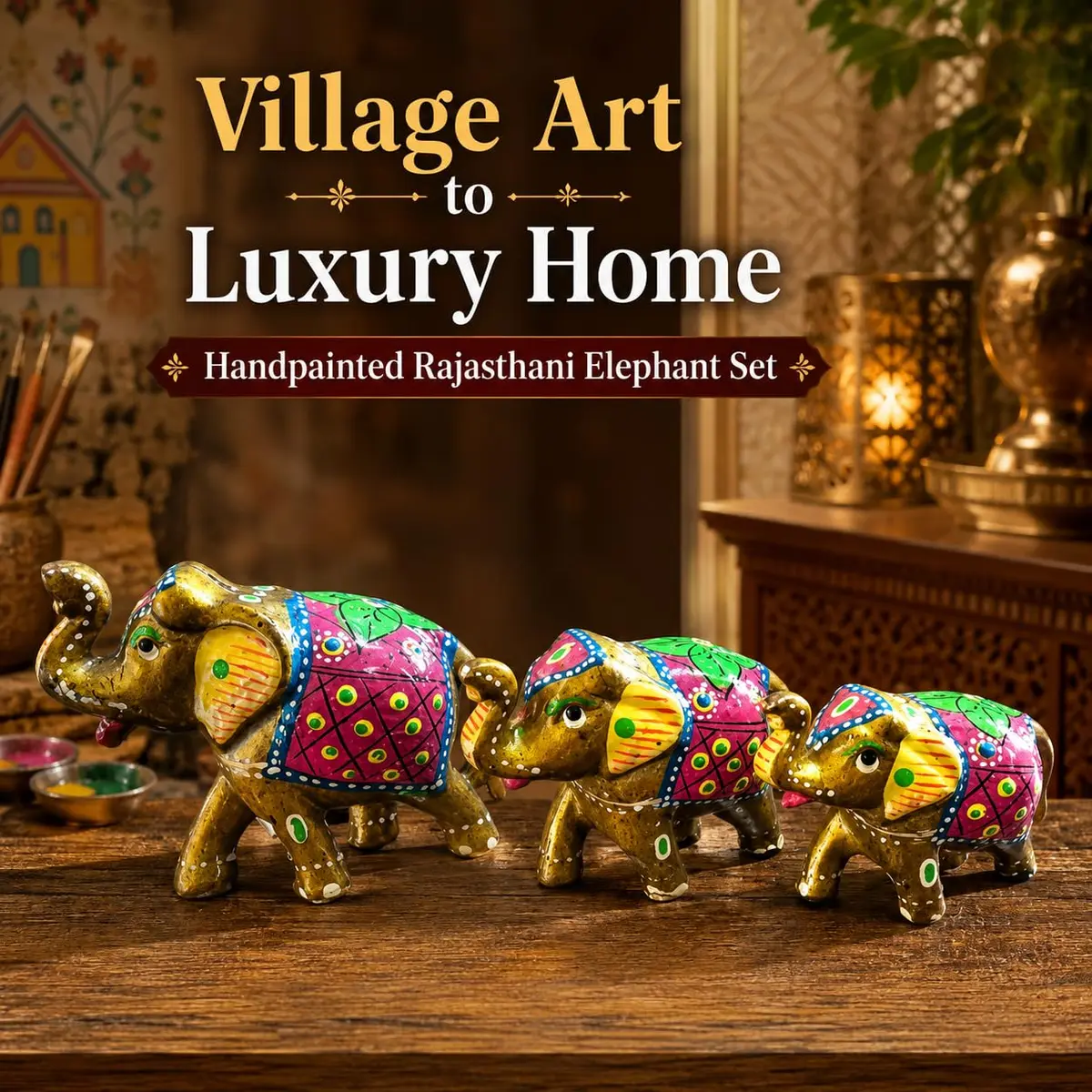 DreamKraft Handcrafted Paper Mache Elephant Showpiece Set of 3 - Vibrant Yellow Elephants for Home Decor & Gifting - view 4