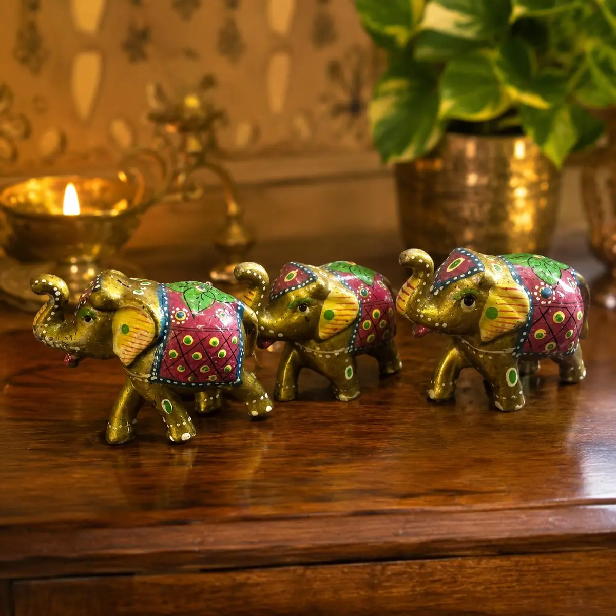 DreamKraft Handcrafted Paper Mache Elephant Showpiece Set of 3 - Vibrant Yellow Elephants for Home Decor & Gifting - view 5