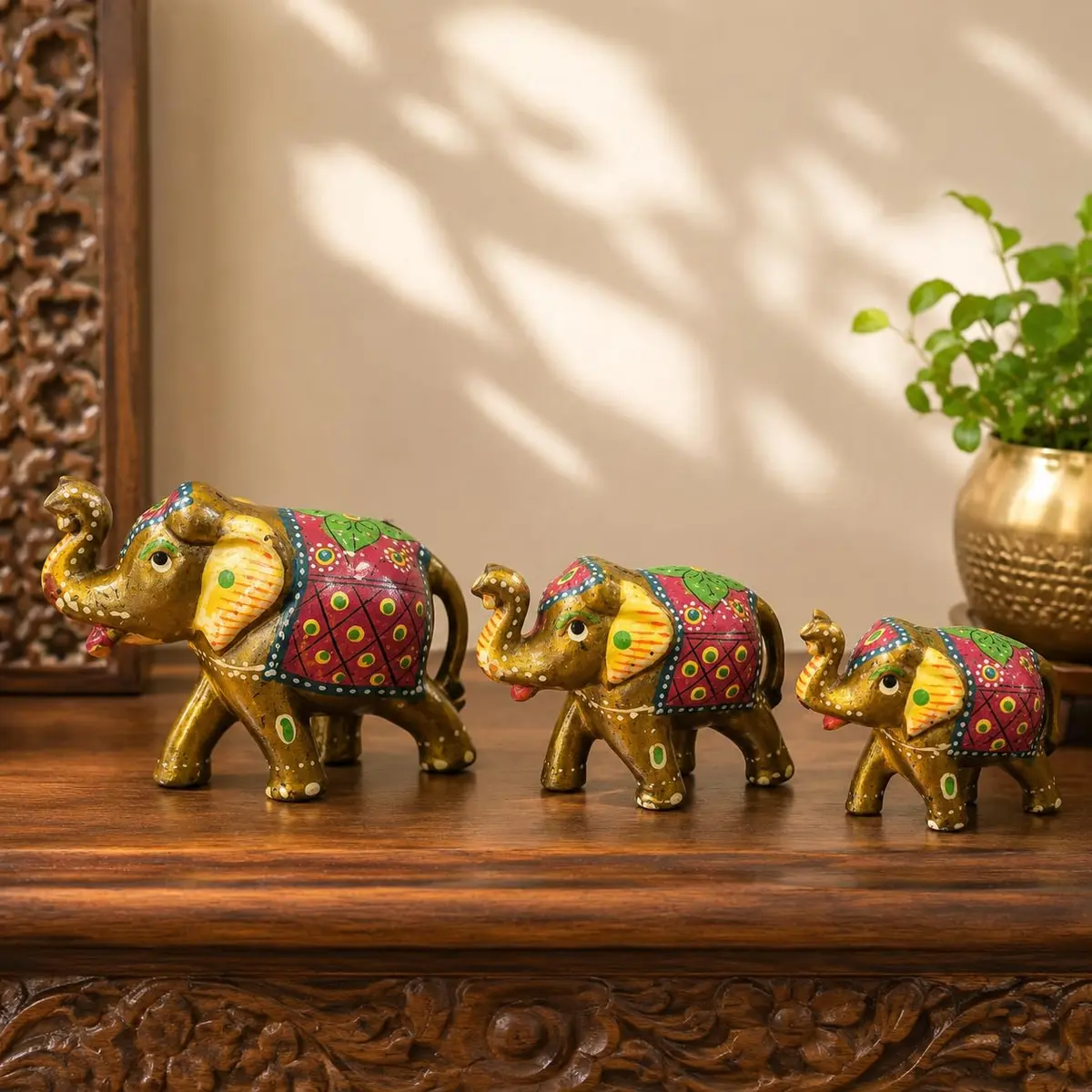 DreamKraft Handcrafted Paper Mache Elephant Showpiece Set of 3 - Vibrant Yellow Elephants for Home Decor & Gifting - view 6