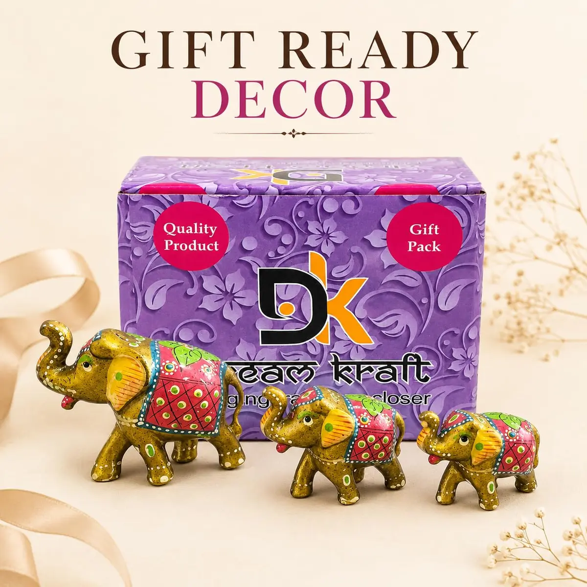 DreamKraft Handcrafted Paper Mache Elephant Showpiece Set of 3 - Vibrant Yellow Elephants for Home Decor & Gifting - view 8