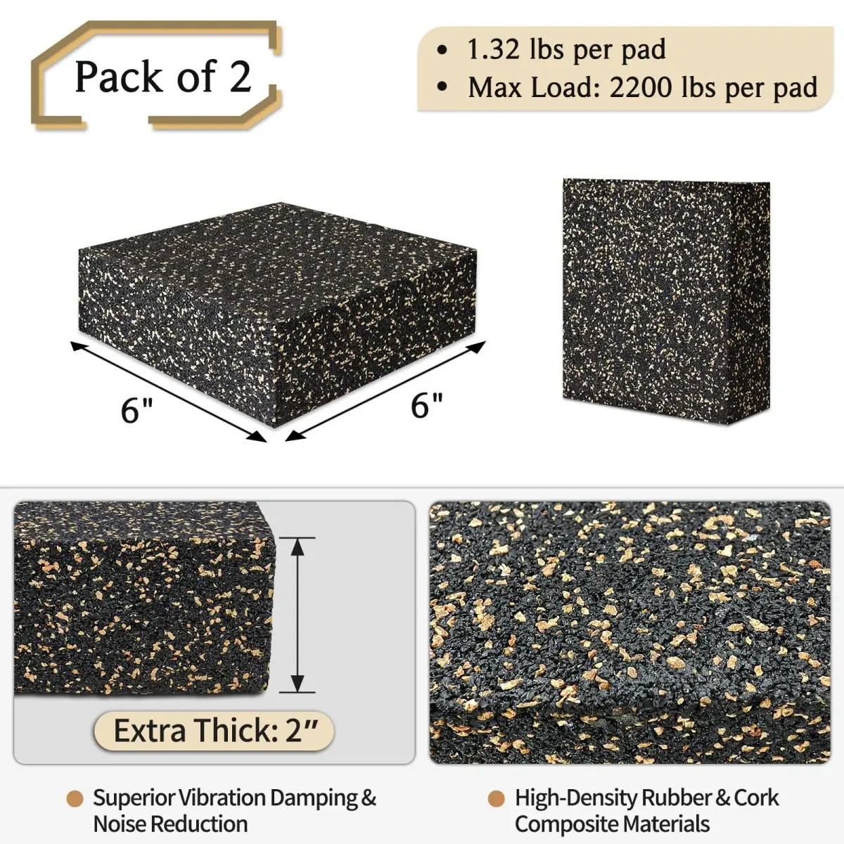 BXI Thick Subwoofer Isolation Pad 6 x 6 x 2 Inch (2 Pcs, 2.7 kg Total) | Full Frequency Dampening Blocks for Studio Monitors & Turntables - view 2