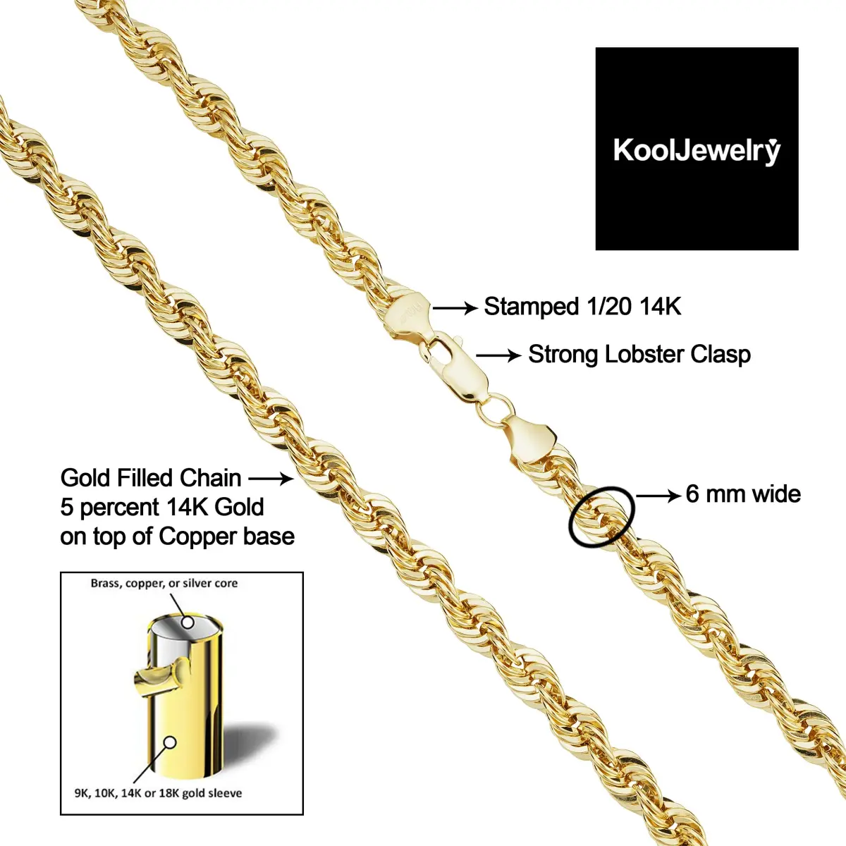 Kooljewelry 14k Gold Filled Rope Chain Necklace 26 inch (66 cm) | Elegant Unisex Adult Accessory - view 3