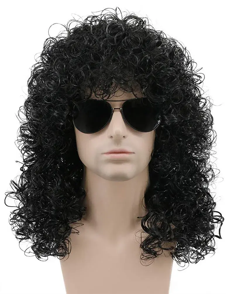 karlery 70s 80s Mens Long Curly Black Wig Afro Punk Rocker Halloween - main product image