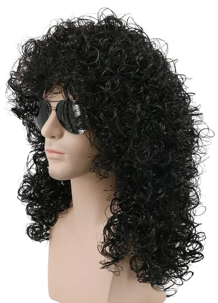 karlery 70s 80s Mens Long Curly Black Wig Afro Punk Rocker Halloween - view 3