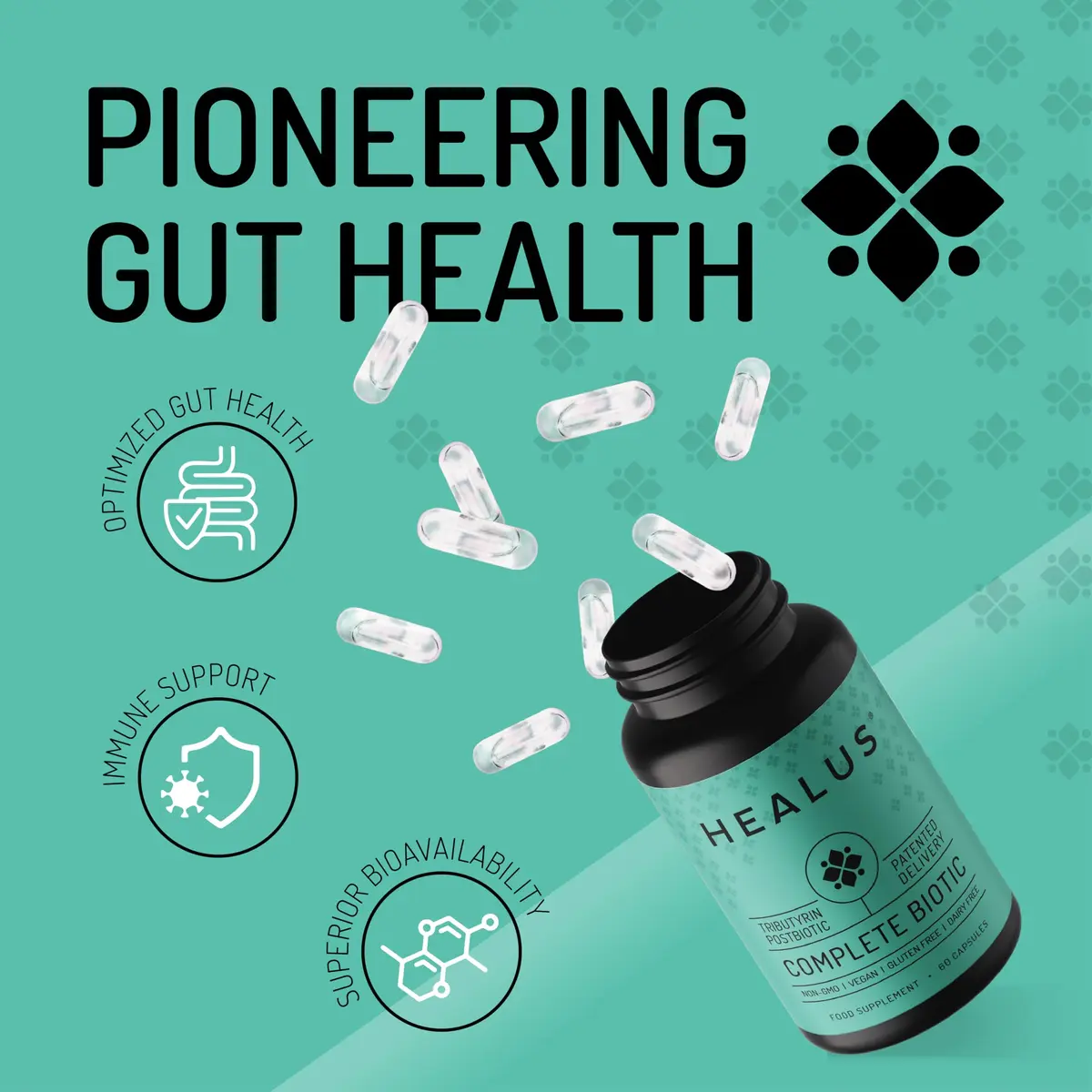 Healus Complete Biotic Postbiotic Tributyrin Supplement 60 Capsules | Supports Gut Health & Digestion - view 2