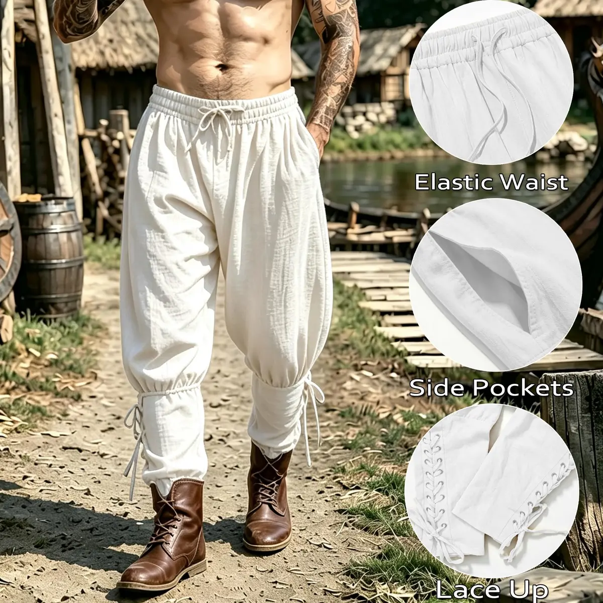 WISHU Men's Medieval Renaissance Pirate Pants White | Loose, Cotton Blend, Renaissance Costume (M) - view 2