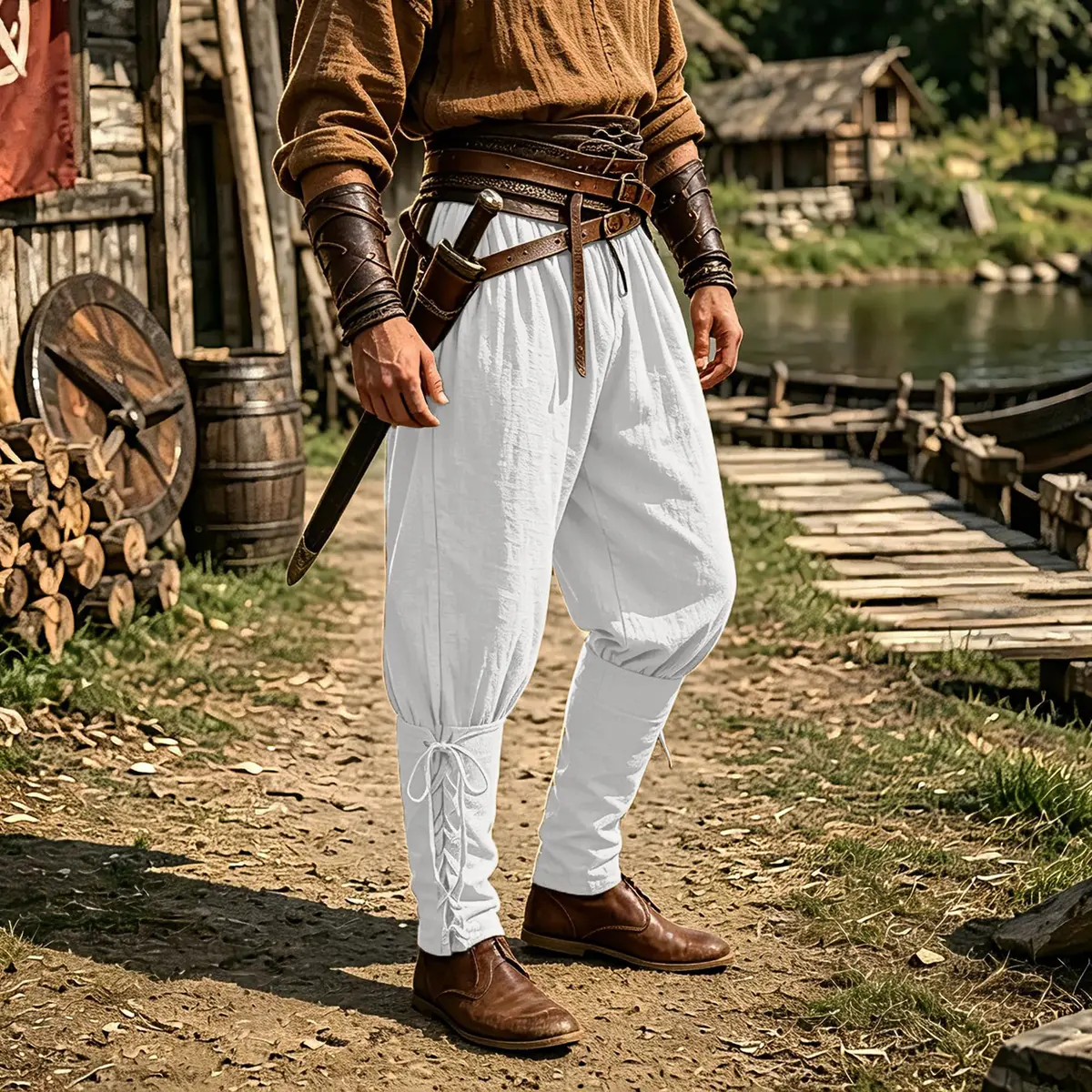 WISHU Men's Medieval Renaissance Pirate Pants White | Loose, Cotton Blend, Renaissance Costume (M) - view 3
