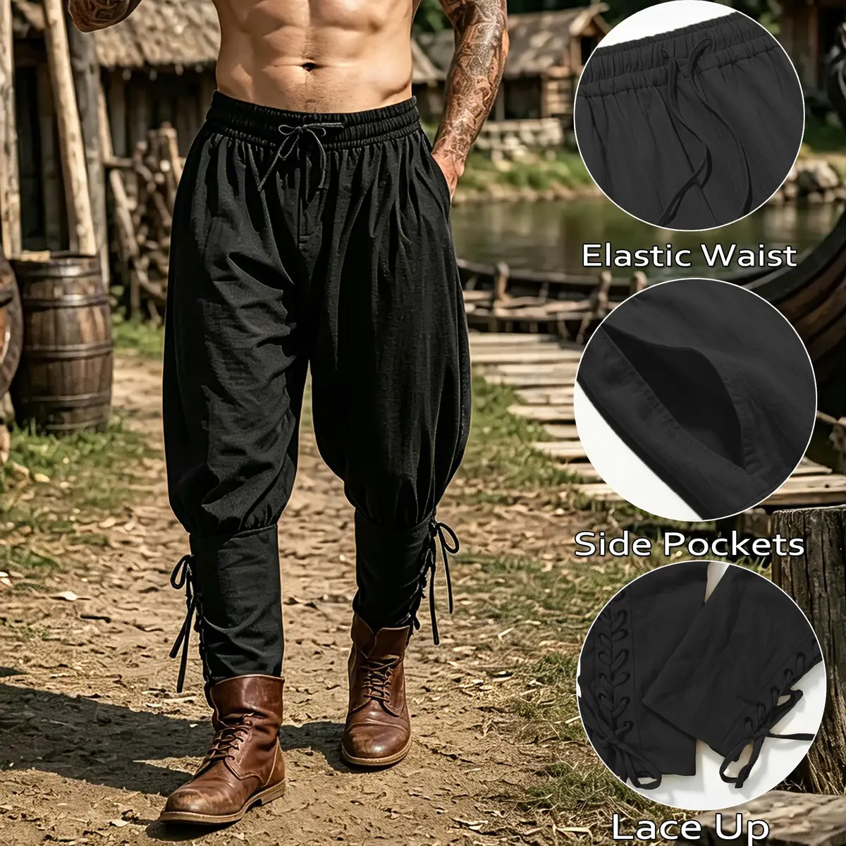 WISHU Men's Medieval Renaissance Pirate Pants Large | Classic Renaissance Costume with Lace-up Cuffs - view 2