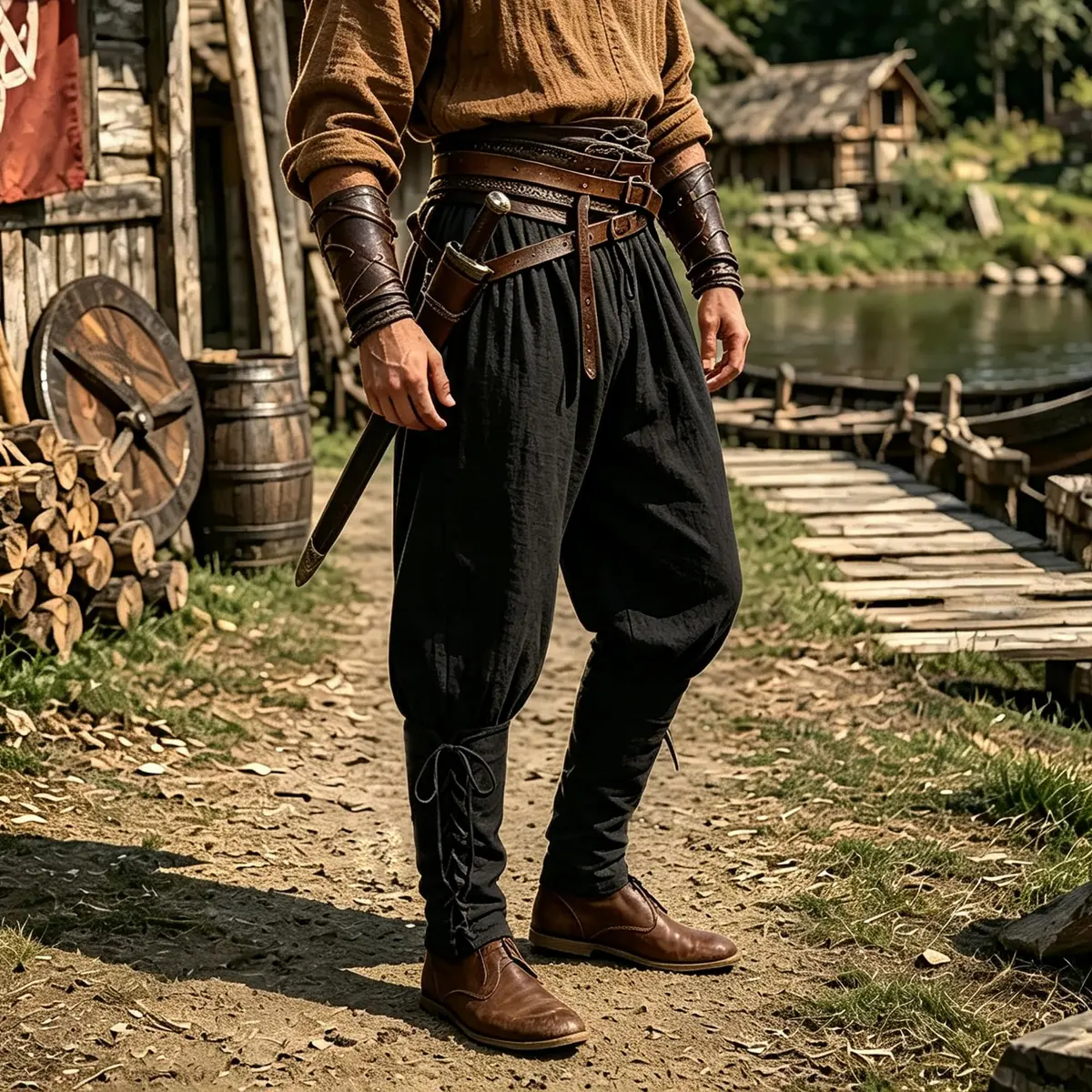 WISHU Men's Medieval Renaissance Pirate Pants Large | Classic Renaissance Costume with Lace-up Cuffs - view 3