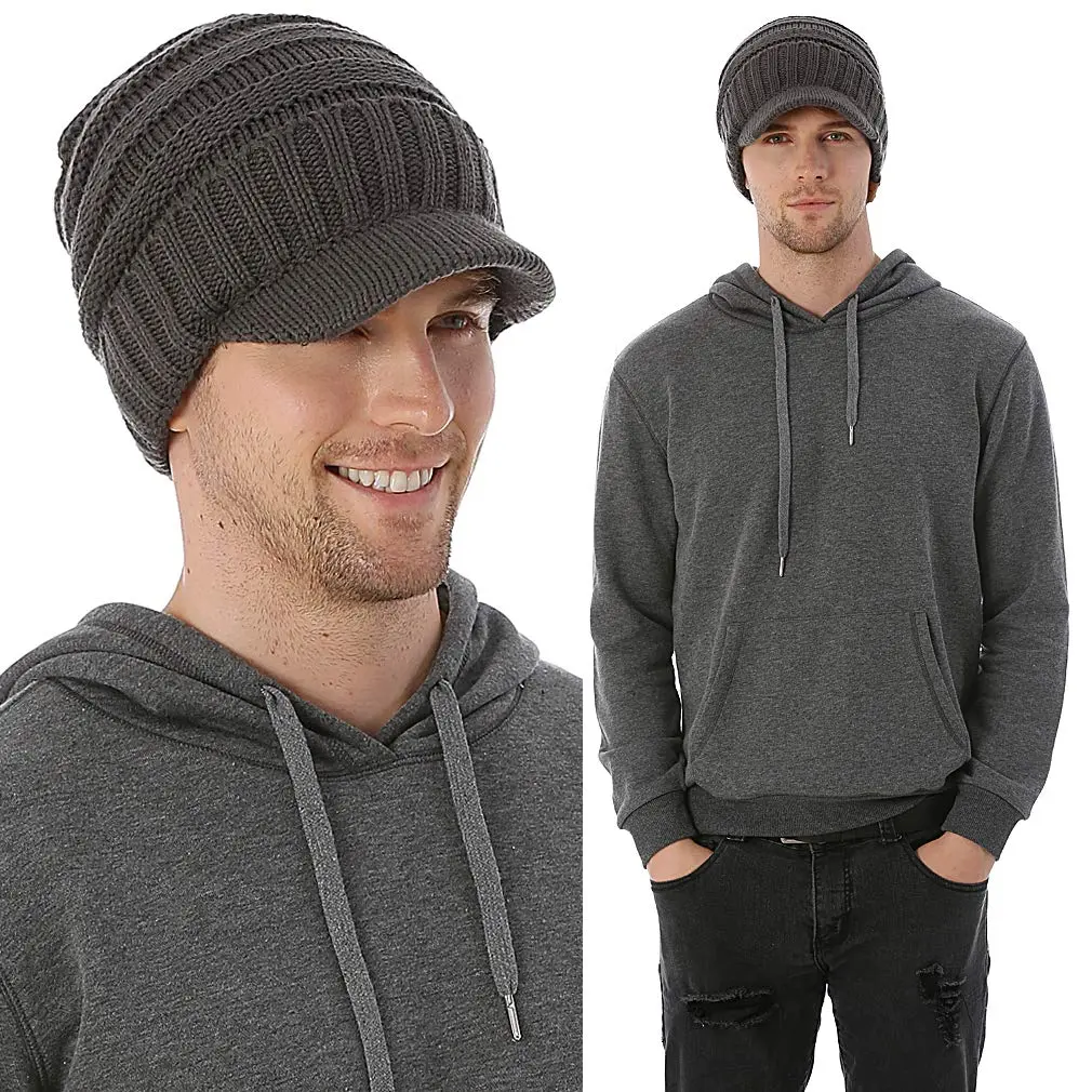 FORBUSITE Men Knit Beanie Visor Cap for Winter Women Thick Beanie with A Brim Grey | Unisex Chunky Visor for Cold Weather - view 2