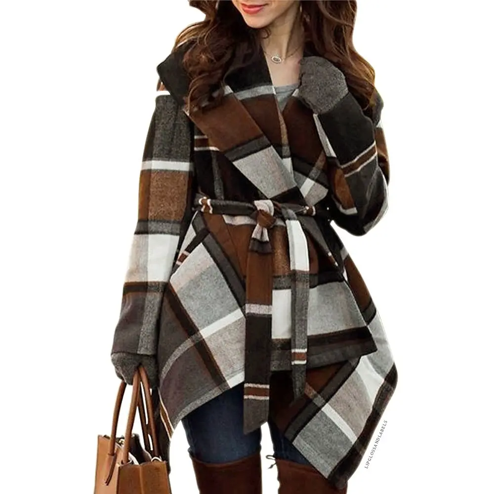 CHICWISH Wool Blend Coat X-Large | Earth Tone Check Asymmetric Hemline - main product image