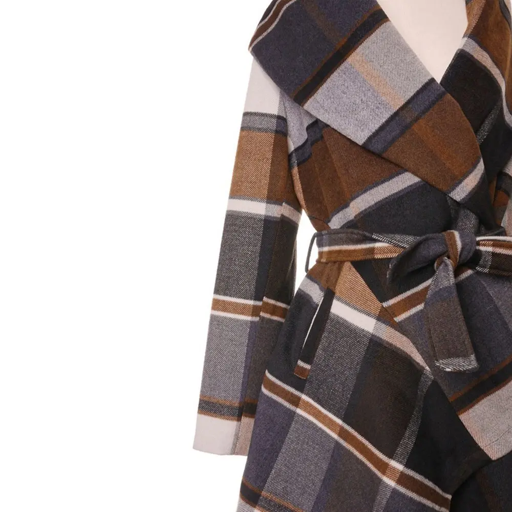 CHICWISH Wool Blend Coat X-Large | Earth Tone Check Asymmetric Hemline - view 5