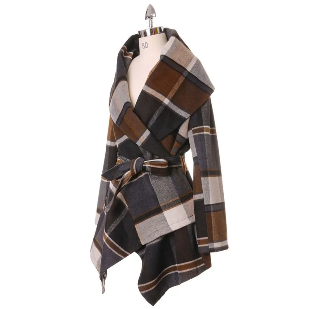 CHICWISH Wool Blend Coat X-Large | Earth Tone Check Asymmetric Hemline - view 6