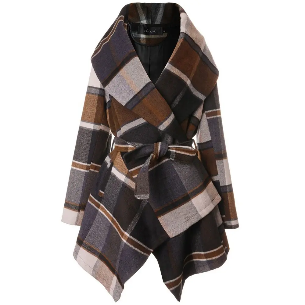 CHICWISH Wool Blend Coat X-Large | Earth Tone Check Asymmetric Hemline - view 4