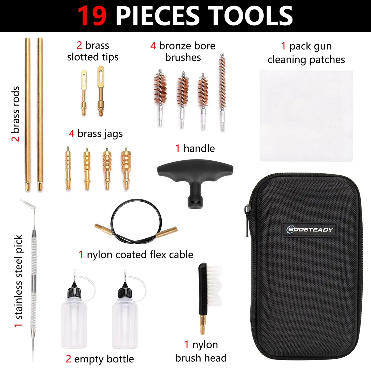 BOOSTEADY Universal Handgun Cleaning kit .22,.357,.38,9mm,.45 Caliber Pistol Cleaning Kit Bronze Bore Brush and Brass Jag Adapter - view 2