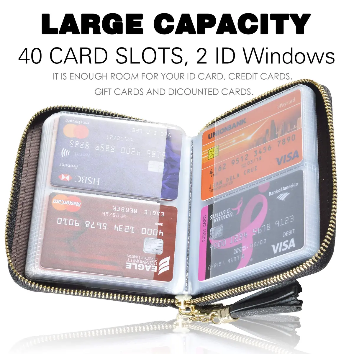 Easyoulife Womens Genuine Leather RFID Blocking Card Holder Wallet with Zipper, 40 Card Slots & 2 ID Windows | Black - view 3