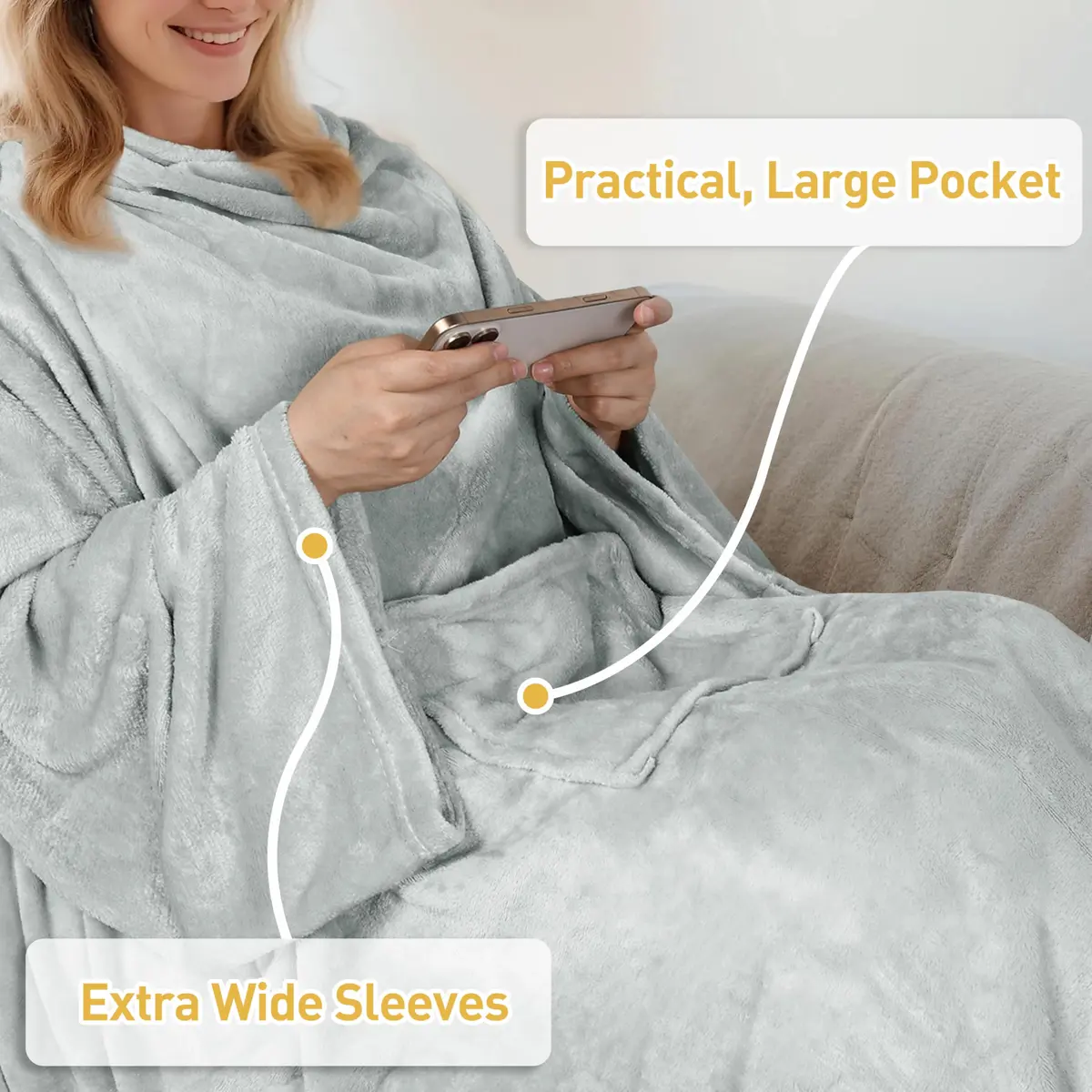 Catalonia Wearable Blanket with Sleeves & Foot Pocket for Adults | Cozy Micro Fleece, Oversize 75" x 53" - view 5