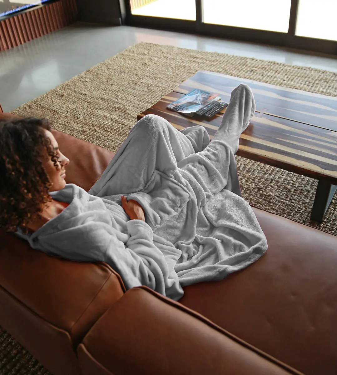 Catalonia Wearable Blanket with Sleeves & Foot Pocket for Adults | Cozy Micro Fleece, Oversize 75" x 53" - view 2