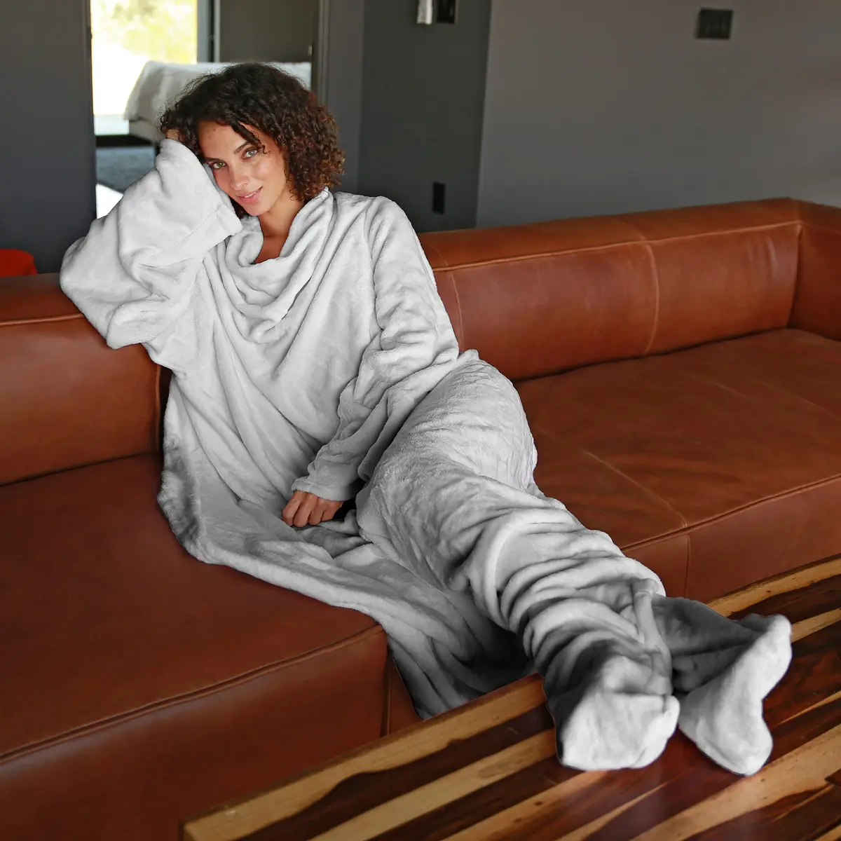Catalonia Wearable Blanket with Sleeves & Foot Pocket for Adults | Cozy Micro Fleece, Oversize 75" x 53" - view 3